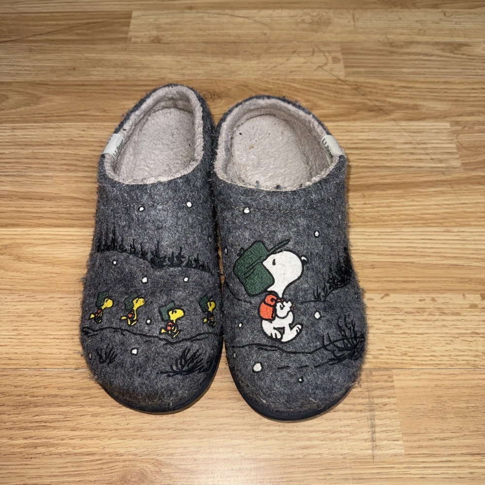 LL Bean Peanuts Womens Daybreak Scuffs Size 11 Gray Fleece Mule Slipper Snoopy
